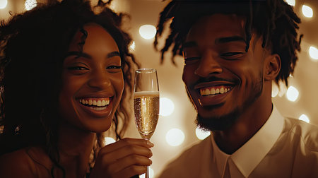 Two people smiling as they clink champagne glasses together in a close-up, celebrating a special occasion with sparkling champagne and soft lighting in the background.の素材