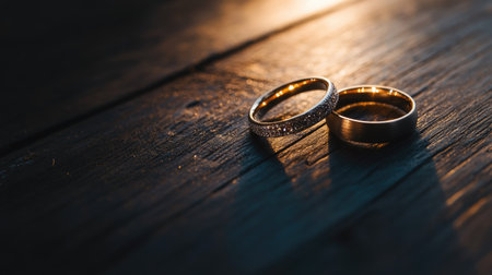 Two wedding rings placed side by side on a dark wooden table, the play of light and shadow creating an elegant and romantic ambiance.の素材