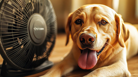 A dog lying in front of a fan with its body relaxed and its tongue hanging out slightly. The room is serene, and the fan provides comfort on a warm day.の素材