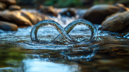 The infinity symbol made from flowing water, with ripples forming endless loops in the surface, set in a tranquil natural environment.の素材