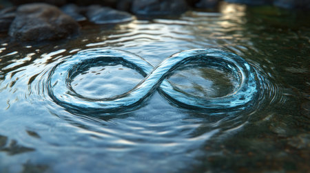 The infinity symbol made from flowing water, with ripples forming endless loops in the surface, set in a tranquil natural environment.の素材