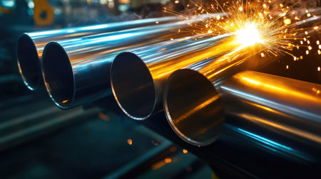 A detailed view of shiny steel pipes being welded together in an industrial workshop, with sparks flying and the smooth metal gleaming in the light.の素材