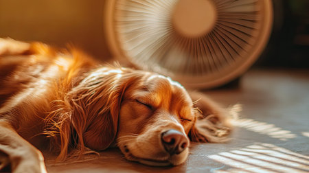 A dog laying on its belly in front of a fan, eyes closed, as the cool breeze flows over its fur. The peaceful setting is perfect for a restful nap.の素材