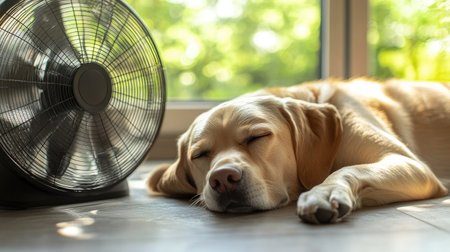 A dog lying comfortably on the floor in front of a fan, eyes closed and ears perked. The fan blows a gentle breeze, offering relief from the warm weather.の素材