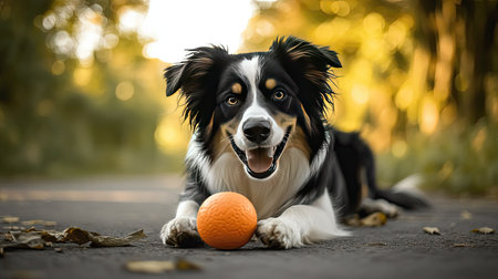 A dog lying on the ground with a ball in its mouth, looking content and happy, ready for a game. The surrounding scenery is peaceful and natural.の素材