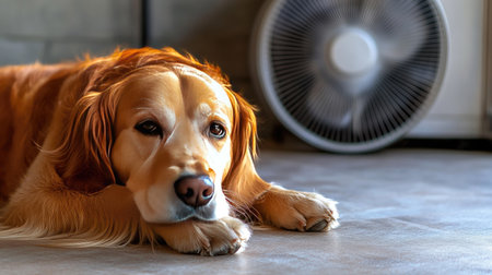 A dog lying calmly on the floor with a fan blowing a refreshing breeze in the background. Its relaxed posture shows contentment and comfort in the cool air.の素材
