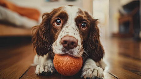 A dog holding a ball in its mouth while sitting on a wooden floor, eyes bright with excitement for an upcoming game. The room is cozy and inviting.の素材