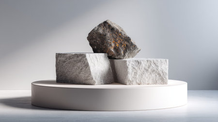 Geometric product podium with rough-cut stones arranged symmetrically on light backgroundの素材