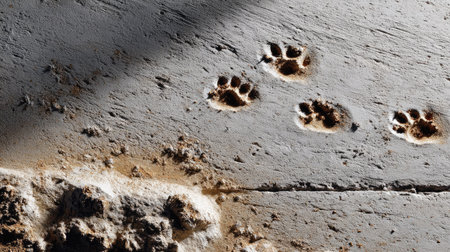 Footprints made from fresh mud tracked onto a smooth concrete surface, leaving visible patterns behindの素材