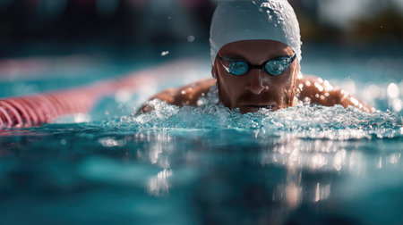 Focused swimmer in cap and goggles, preparing to take the first stroke from the edge of the poolの素材