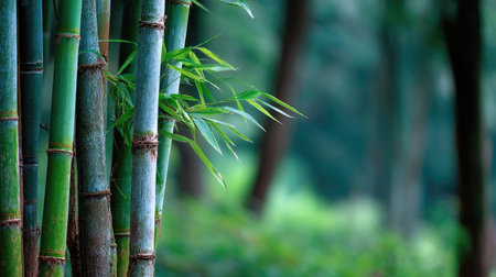 Close-up view of bamboo trunks in a forest with rich green tones, background softly blurredの素材