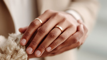 Close-up of two hands gently holding, both wearing elegant wedding rings, on a soft neutral backgroundの素材
