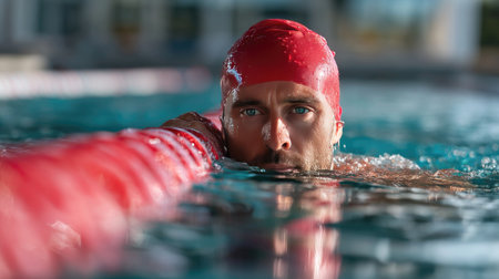 Focused male swimmer in swim cap and goggles, holding the edge of the pool with a look of concentrationの素材