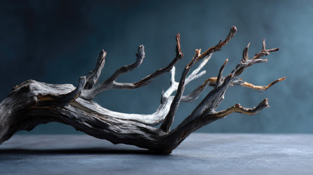 Gnarled, skeletal dead tree branch with cracked edges lying flat on moody gray-black surfaceの素材