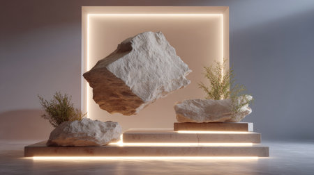Floating stone display with broken edges and soft lighting, for modern design mockupsの素材
