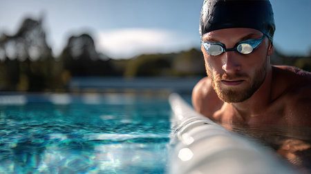 Focused male swimmer wearing goggles and a cap, poised at the edge of the pool, ready to dive inの素材