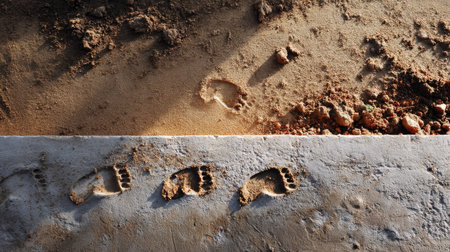 Footprints made from fresh mud tracked onto a smooth concrete surface, leaving visible patterns behindの素材
