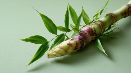 Fresh bamboo shoot emerging with leaves on a simple pale green backgroundの素材