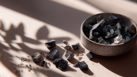 Fractured obsidian pieces spread on a neutral monochrome setting, styled for minimalist designの素材