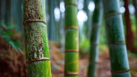 Close-up view of bamboo trunks in a forest with rich green tones, background softly blurredの素材
