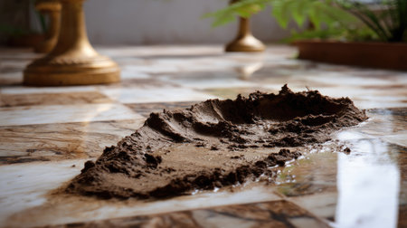 Footprint made of thick mud at the center of clean flooring, suggesting rain or garden activityの素材
