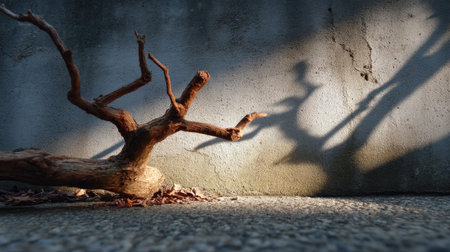 Gnarled tree limb casting a shadow on a rough concrete backdrop with low warm lightingの素材