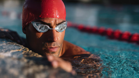 Focused male swimmer in swim cap and goggles, holding the edge of the pool with a look of concentrationの素材