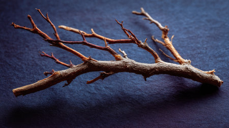 Fragmented dry tree limb on a dark smooth paper background, dramatic and simple compositionの素材