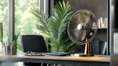 A polished metal fan in a stylish office space, complementing the contemporary decor and offering comfort during the workday.の素材