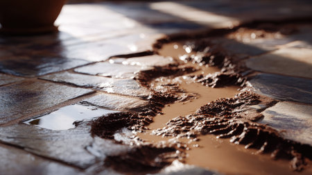 Fresh mud footprints disrupting the pristine shine of a tile floorの素材