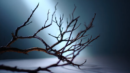 Gnarled dry branch silhouetted against a dimly lit background, evoking eerie, moody atmospheresの素材