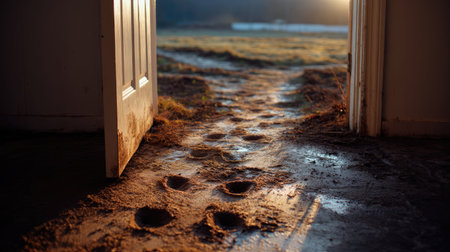 Footsteps in mud entering through a door and trailing across the floor, natural light hitting the pathの素材