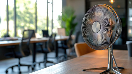A polished metal fan placed in a contemporary office, providing a cool breeze while enhancing the stylish work environment.の素材