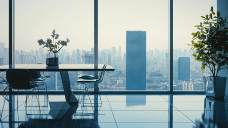 An elegant, minimalist dining area with a modern table, sleek chairs, and large windows offering stunning views of the city skyline.の素材