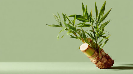 Fresh bamboo shoot emerging with leaves on a simple pale green backgroundの素材