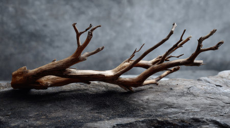 Gnarled, skeletal dead tree branch with cracked edges lying flat on moody gray-black surfaceの素材