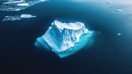 An aerial shot of an iceberg, its submerged portion forming a massive, threatening shape.の素材