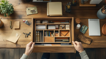 A person opening the drawer of a wooden table, revealing neatly organized stationery and office supplies, with warm natural light illuminating the scene.の素材