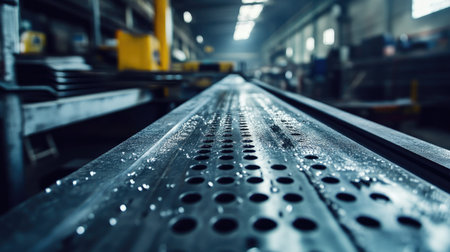 A piece of metal with a uniform pattern of small round holes, creating a modern and technical aesthetic in an industrial workspace.の素材