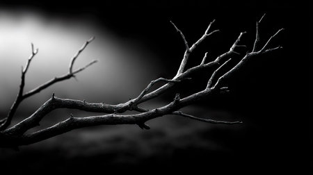 Gnarled dry branch silhouetted against a dimly lit background, evoking eerie, moody atmospheresの素材