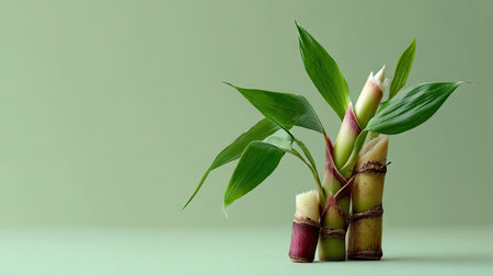 Fresh bamboo shoot emerging with leaves on a simple pale green backgroundの素材