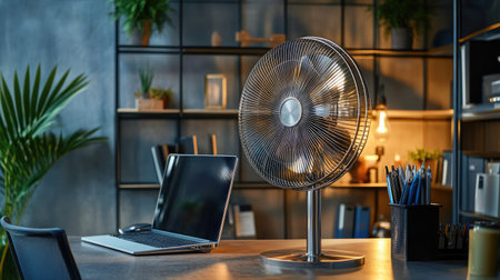 A polished metal fan in a stylish office space, complementing the contemporary decor and offering comfort during the workday.の素材