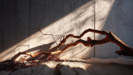Gnarled tree limb casting a shadow on a rough concrete backdrop with low warm lightingの素材