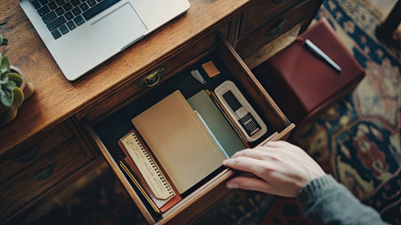 A person's hand opening a drawer of a wooden desk, showcasing neatly organized business cards, a laptop charger, and a journal inside.の素材