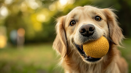 A playful dog holding a rubber ball in its mouth, eagerly looking around for its owner to play. The dog's energy and joy are evident.の素材