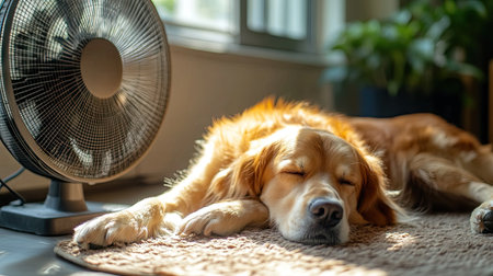 A relaxed dog lying on a soft mat in front of a fan, eyes peacefully shut as it enjoys the cool air on a hot afternoon. The room is quiet and tranquil.の素材