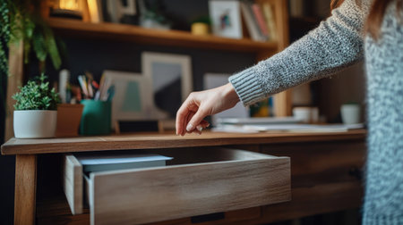A person's hand opening a drawer on a wooden desk, with a blurred background of a tidy home office, showing a sense of organization and calm.の素材