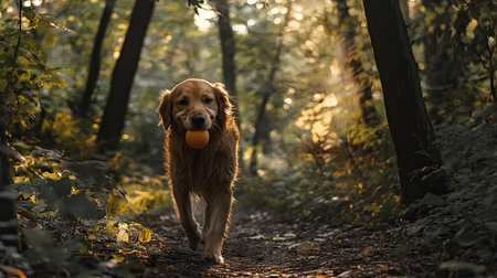 A dog walking through a forest trail, holding a ball in its mouth, looking around for a place to play. The natural setting adds to the peaceful scene.の素材
