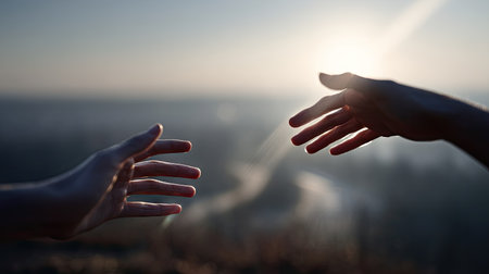 Gentle close-up of two hands reaching across a blurred landscape background, soft natural lightingの素材