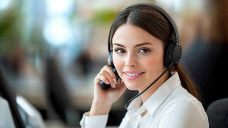 A professional businesswoman in an office environment, listening to the phone with a headset on, while reviewing documents on her desk.の素材